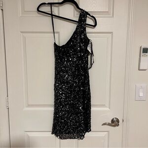 Pisarro Nights Black One-Shoulder Sequin Cocktail Dress Size 8 NWT